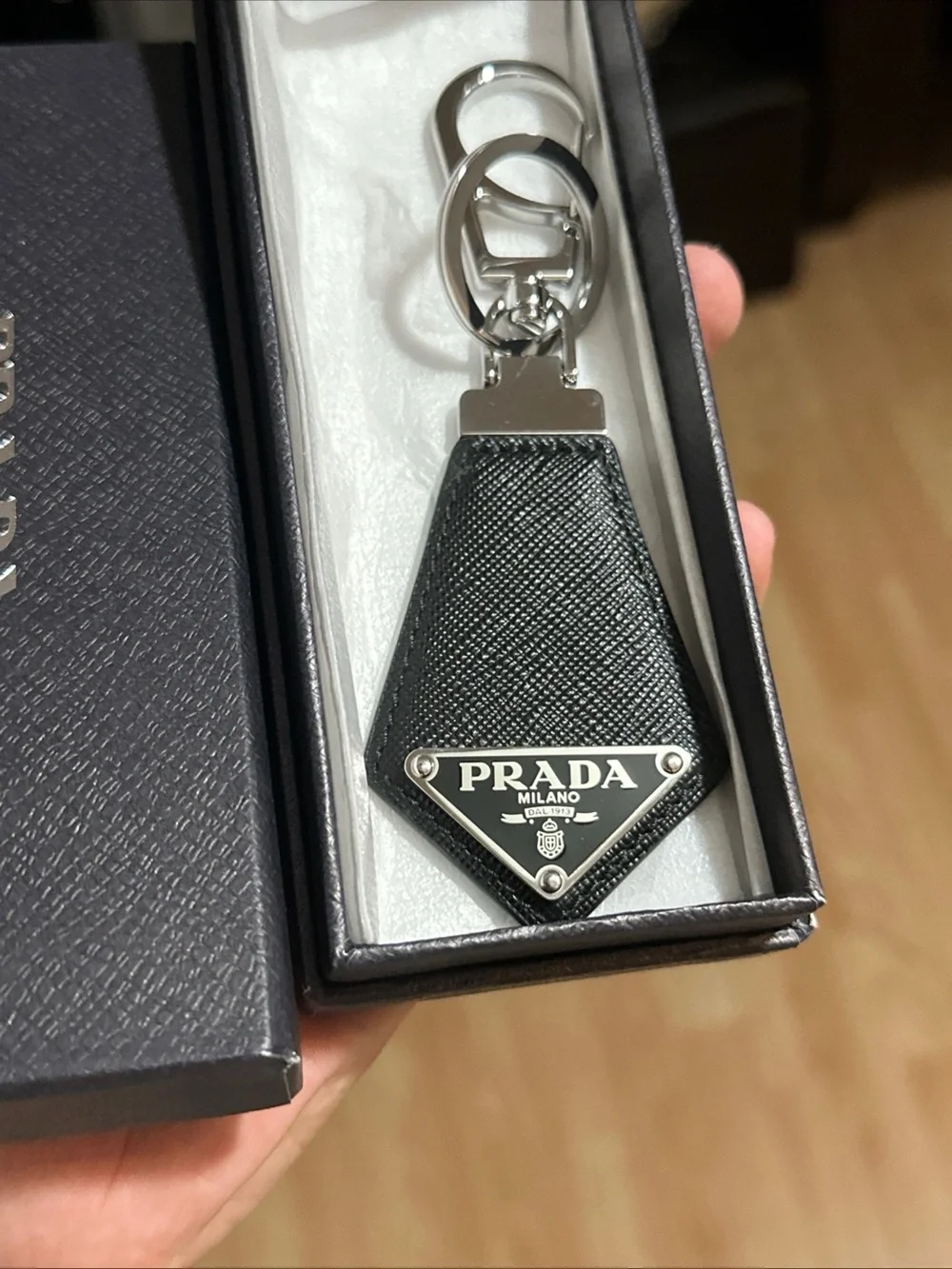 Prada Saffiano Leather Triangle Logo Keychain